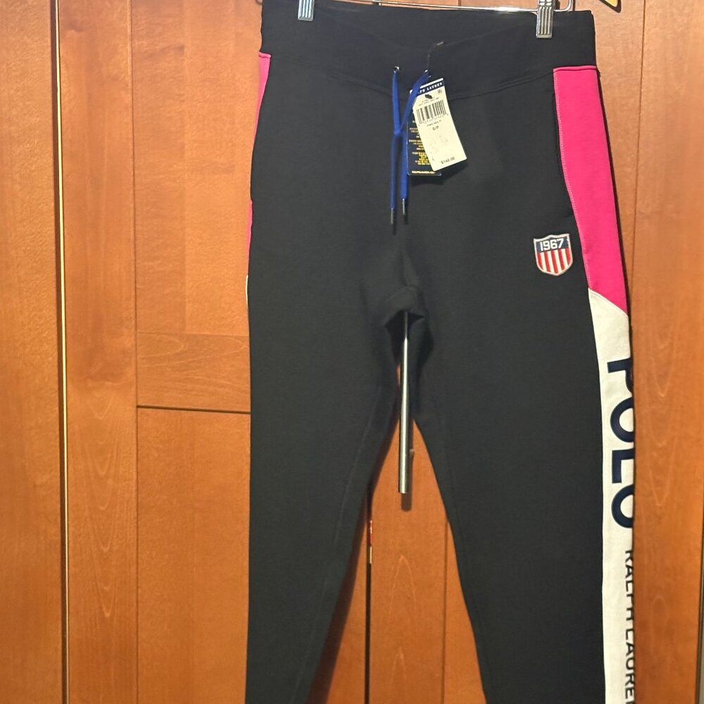 Ralph Lauren Woman CottonBlendBlack Drawstring Jogger Sweatpants RL Accents $160